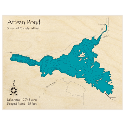Bathymetric topo map of Attean Pond with roads, towns and depths noted in blue water