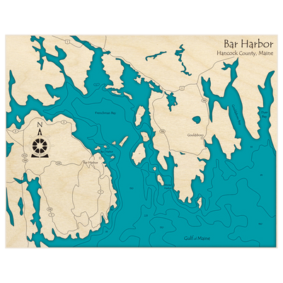 Bathymetric topo map of Bar Harbor with roads, towns and depths noted in blue water