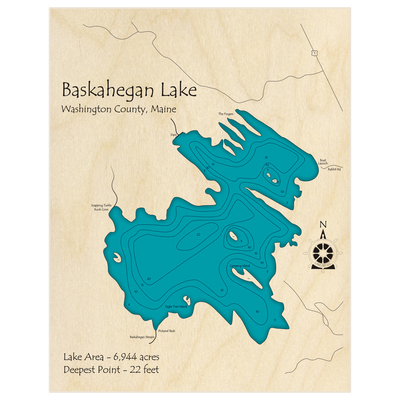 Bathymetric topo map of Baskahegan Lake with roads, towns and depths noted in blue water