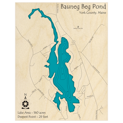 Bathymetric topo map of Bauneg Beg Pond with roads, towns and depths noted in blue water