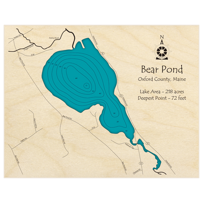Bathymetric topo map of Bear Pond with roads, towns and depths noted in blue water