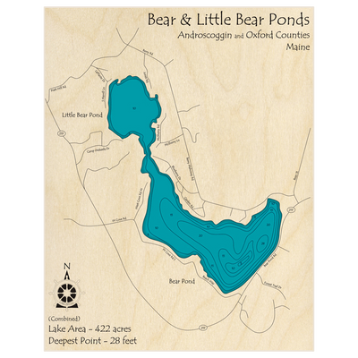Bathymetric topo map of Bear Pond (With Little Bear Pond) with roads, towns and depths noted in blue water