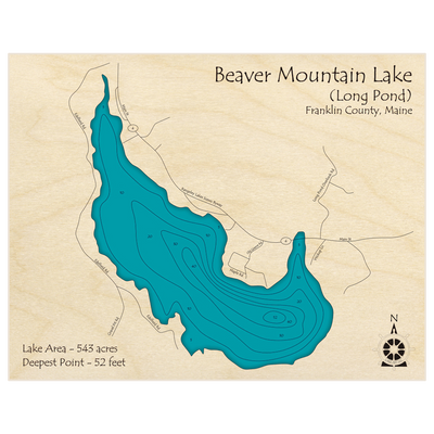 Bathymetric topo map of Beaver Mountain Lake (Long Pond) with roads, towns and depths noted in blue water