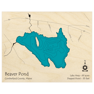 Bathymetric topo map of Beaver Pond with roads, towns and depths noted in blue water