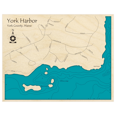 Bathymetric topo map of York Harbor (East Point Millbury Ledge Area) with roads, towns and depths noted in blue water
