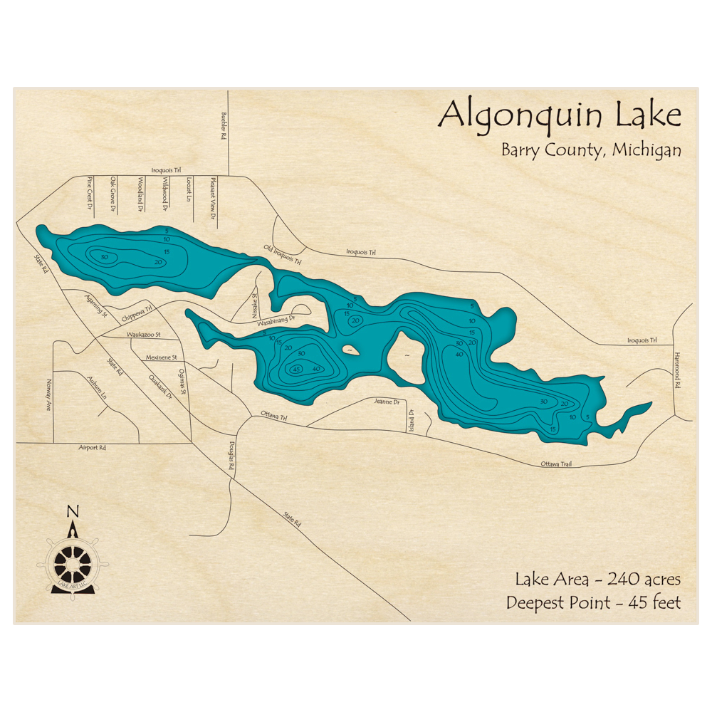 Bathymetric topo map of Algonquin Lake with roads, towns and depths noted in blue water
