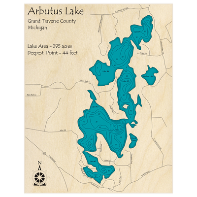 Bathymetric topo map of Arbutus Lake with roads, towns and depths noted in blue water