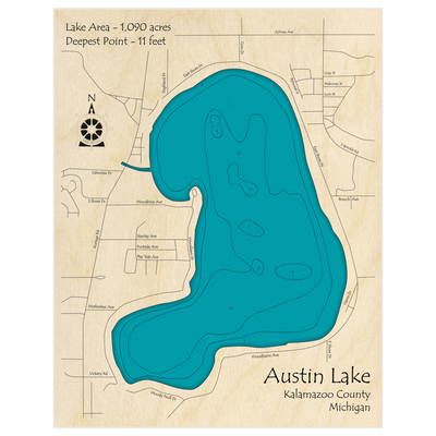 Bathymetric topo map of Austin Lake with roads, towns and depths noted in blue water