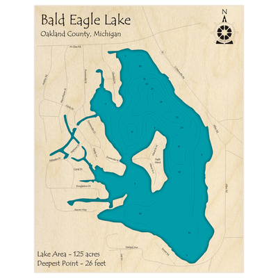 Bathymetric topo map of Bald Eagle Lake with roads, towns and depths noted in blue water
