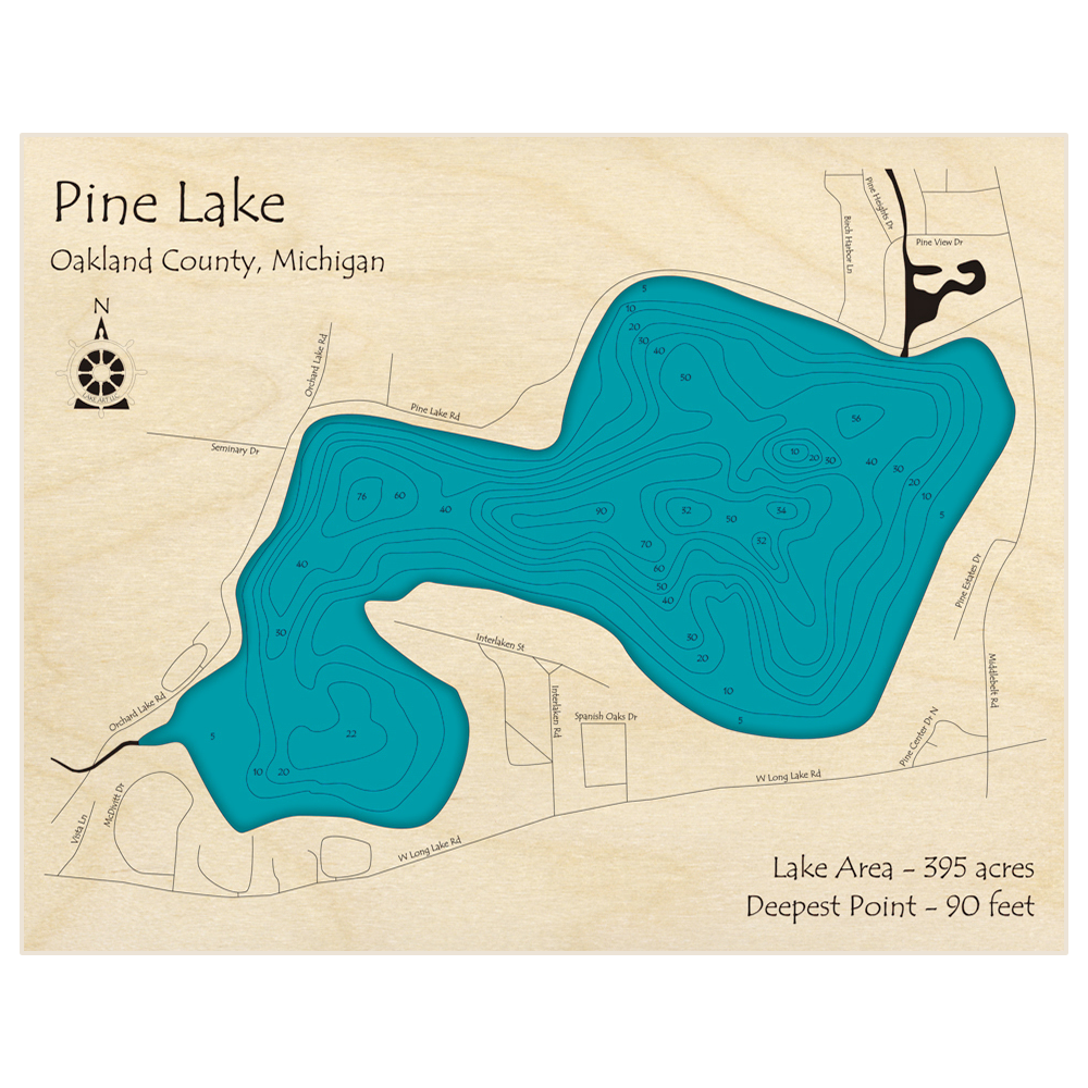 Pine Lake 3D Custom Wood Map Lake Art LLC