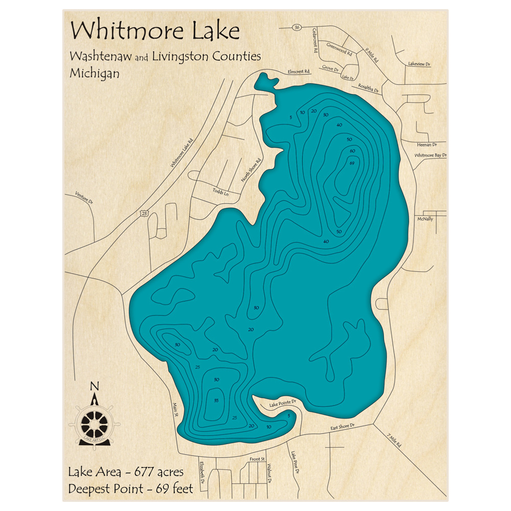 Whitmore Lake 3D Custom Wood Map Lake Art LLC