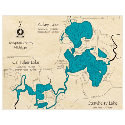 Bathymetric topo map of Zukey Lake (With Gallagher and Strawberry Lakes) with roads, towns and depths noted in blue water
