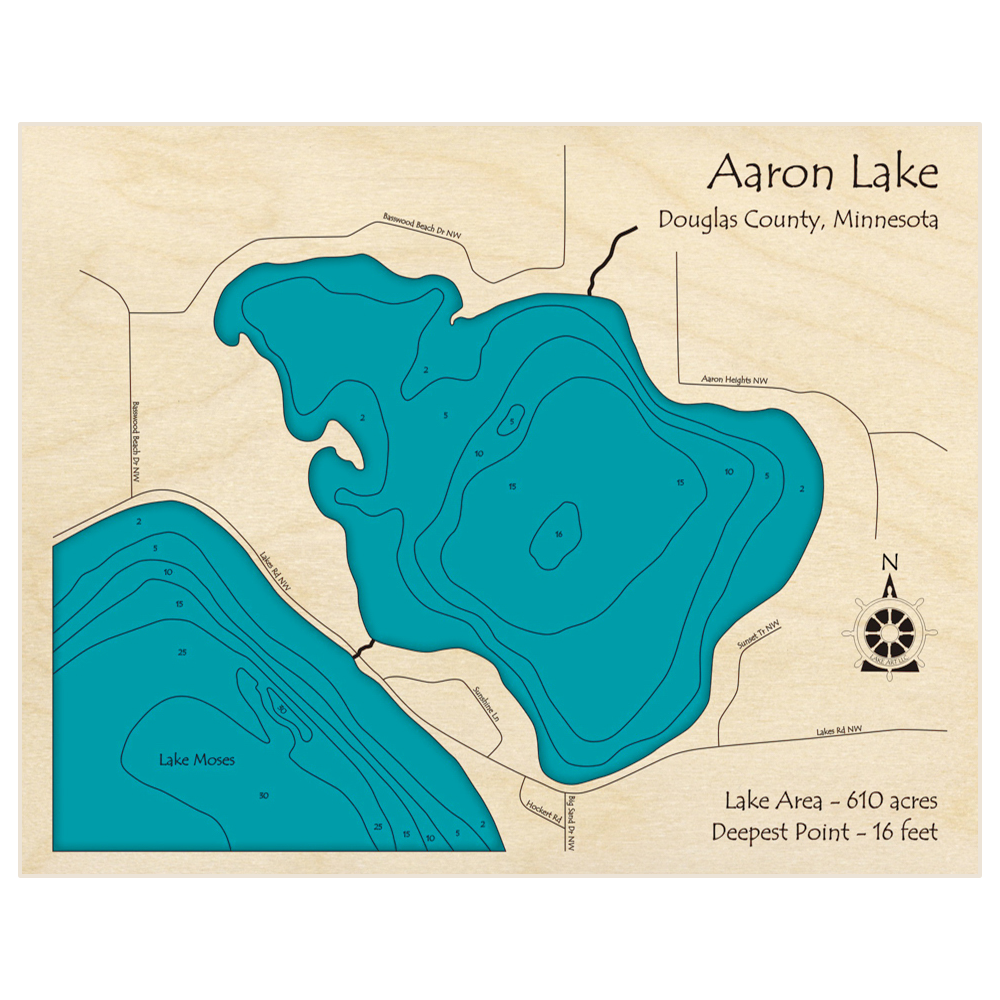 Bathymetric topo map of Aaron Lake with roads, towns and depths noted in blue water