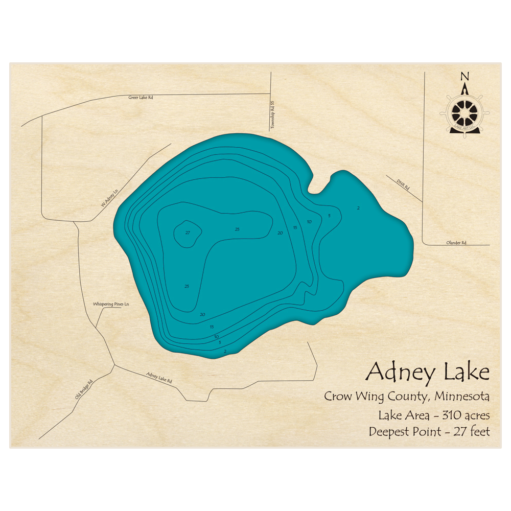 Bathymetric topo map of Adney Lake with roads, towns and depths noted in blue water