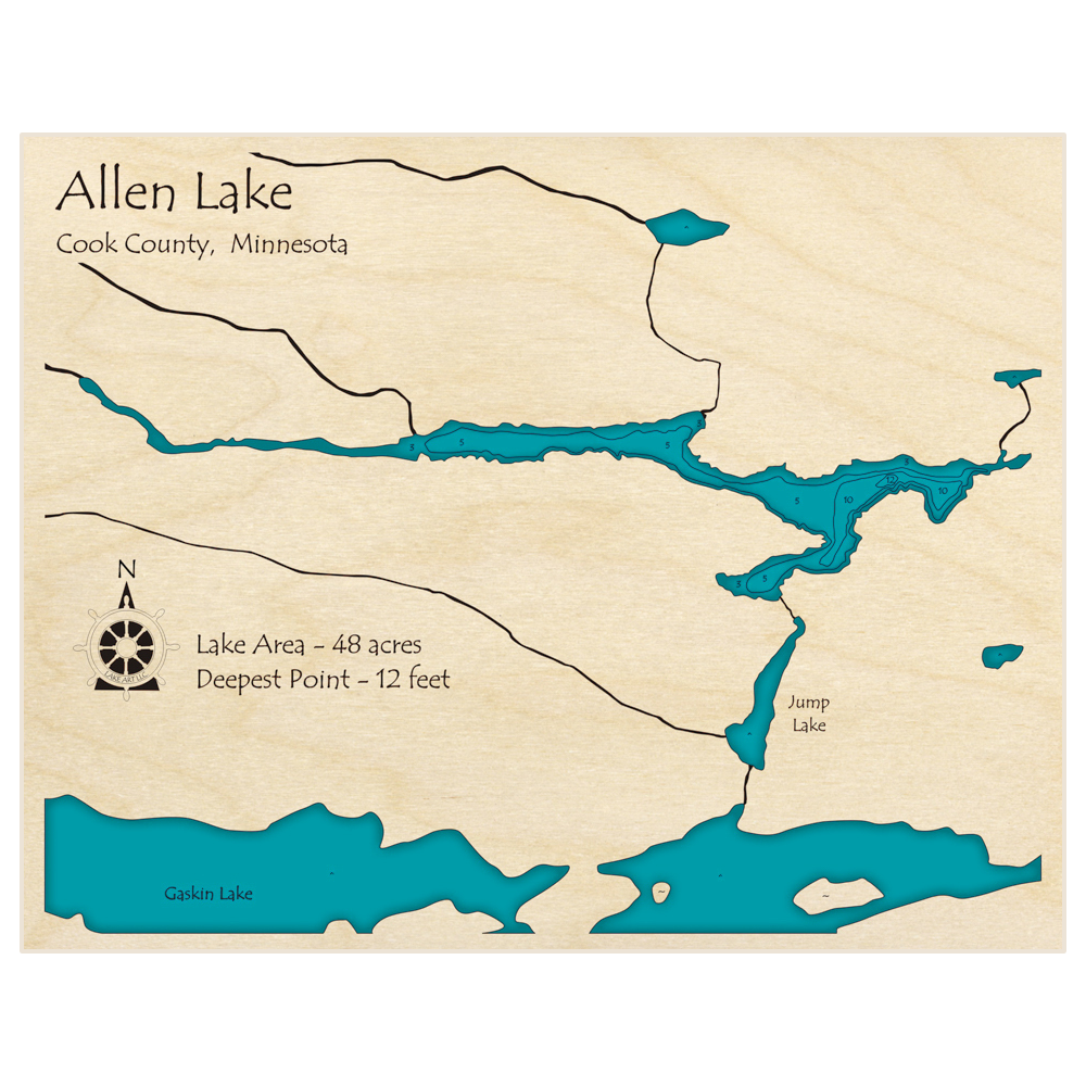 Bathymetric topo map of Allen Lake with roads, towns and depths noted in blue water