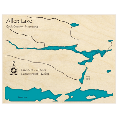 Bathymetric topo map of Allen Lake with roads, towns and depths noted in blue water