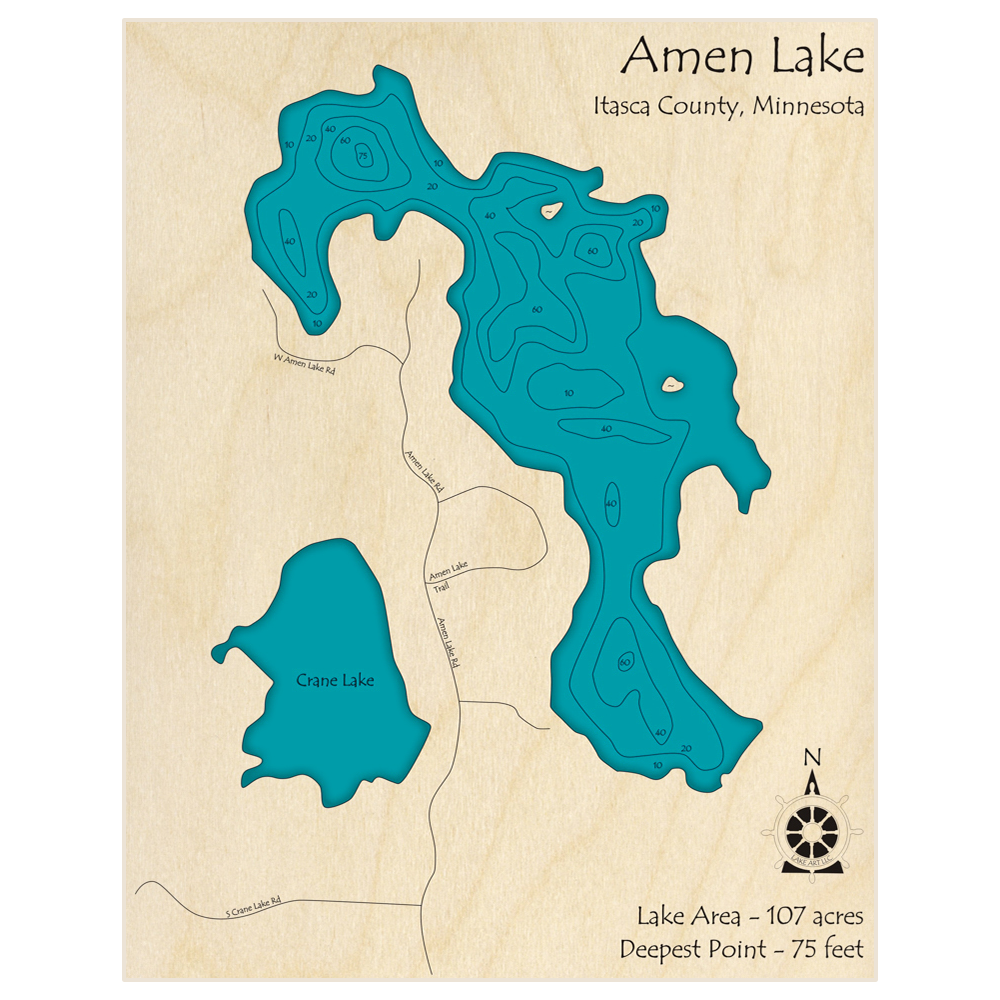 Bathymetric topo map of Amen Lake with roads, towns and depths noted in blue water