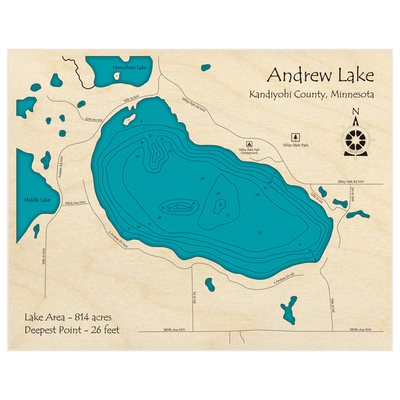 Bathymetric topo map of Andrew Lake with roads, towns and depths noted in blue water