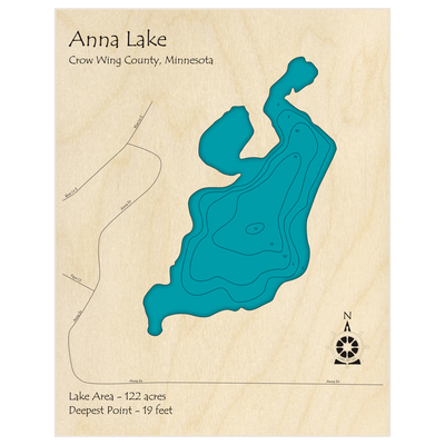 Bathymetric topo map of Anna Lake with roads, towns and depths noted in blue water