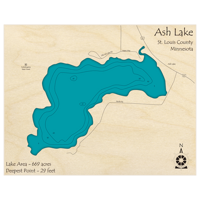 Bathymetric topo map of Ash Lake with roads, towns and depths noted in blue water