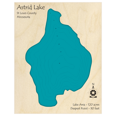 Bathymetric topo map of Astrid Lake with roads, towns and depths noted in blue water