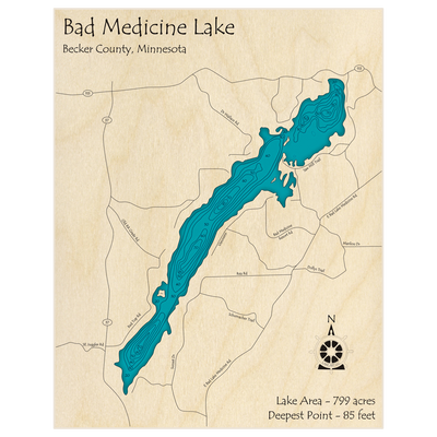 Bathymetric topo map of Bad Medicine Lake with roads, towns and depths noted in blue water