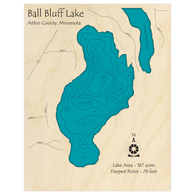 Bathymetric topo map of Ball Bluff Lake with roads, towns and depths noted in blue water
