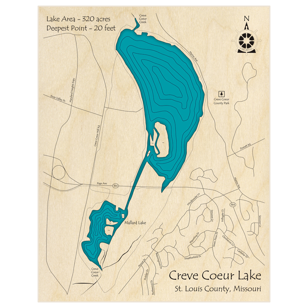 Creve Coeur Lake 3D Custom Wood Map Lake Art LLC