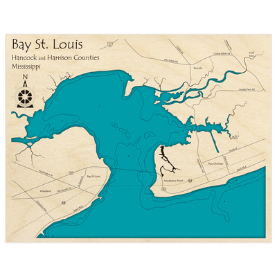 Bathymetric topo map of Bay St Louis with roads, towns and depths noted in blue water