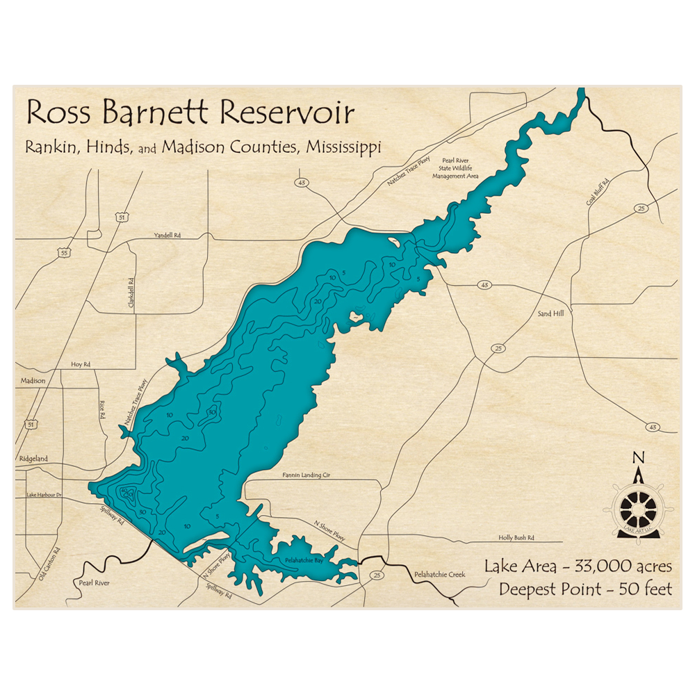 3D custom wood map of Ross Barnett Reservoir