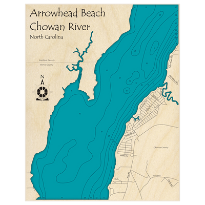 Bathymetric topo map of Arrowhead Beach on the Chowan River with roads, towns and depths noted in blue water