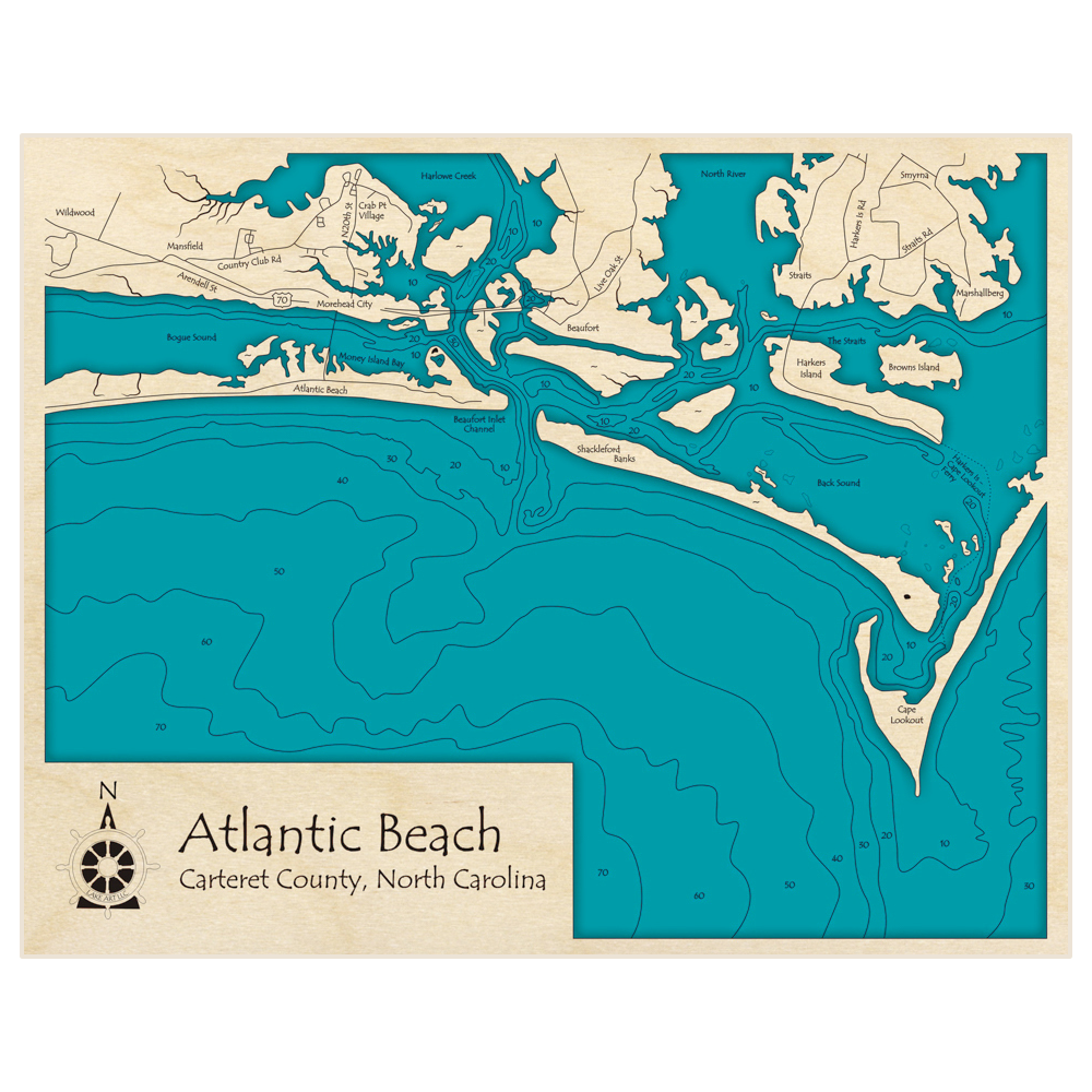 Bathymetric topo map of Atlantic Beach to Cape Lookout with roads, towns and depths noted in blue water