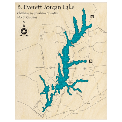 Bathymetric topo map of B Everett Jordan Lake  with roads, towns and depths noted in blue water