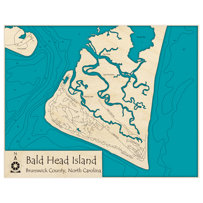 Bathymetric topo map of Bald Head Island with roads, towns and depths noted in blue water