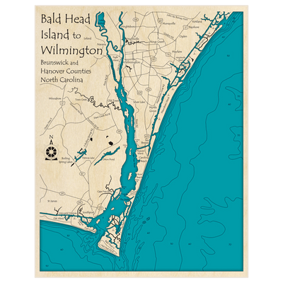 Bathymetric topo map of Bald Head Island to Wilmington with roads, towns and depths noted in blue water