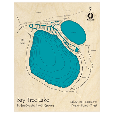 Bathymetric topo map of Bay Tree Lake  with roads, towns and depths noted in blue water