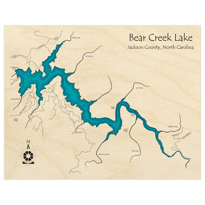 Bathymetric topo map of Bear Creek Lake  with roads, towns and depths noted in blue water