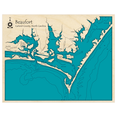 Bathymetric topo map of Beaufort with roads, towns and depths noted in blue water