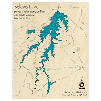 Bathymetric topo map of Belews Lake with roads, towns and depths noted in blue water
