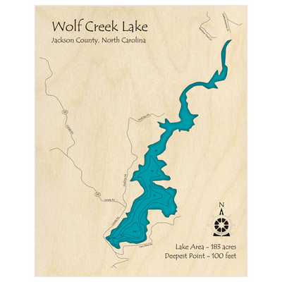 Bathymetric topo map of Wolf Creek Reservoir with roads, towns and depths noted in blue water