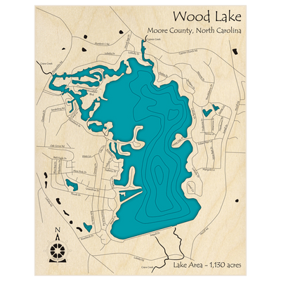 Bathymetric topo map of Wood Lake  with roads, towns and depths noted in blue water