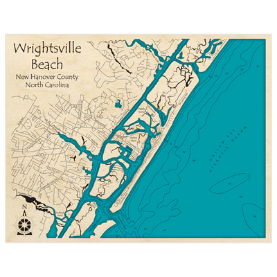 Bathymetric topo map of Wrightsville Beach with roads, towns and depths noted in blue water
