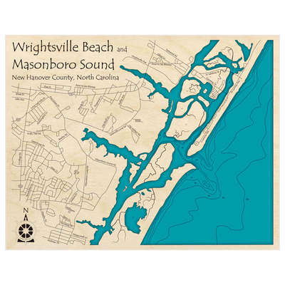 Bathymetric topo map of Wrightsville Beach and Masonboro Sound with roads, towns and depths noted in blue water