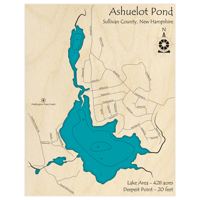 Bathymetric topo map of Ashuelot Pond with roads, towns and depths noted in blue water