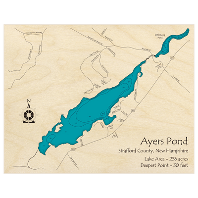 Bathymetric topo map of Ayers Pond with roads, towns and depths noted in blue water