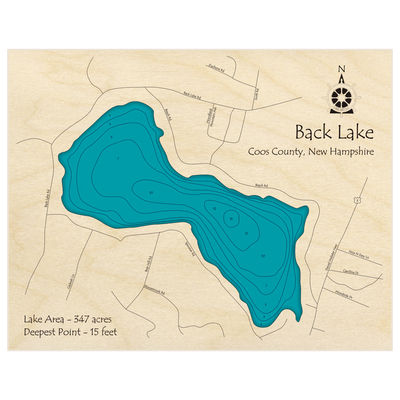 Bathymetric topo map of Back Lake with roads, towns and depths noted in blue water