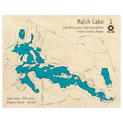Bathymetric topo map of Balch Lake with roads, towns and depths noted in blue water