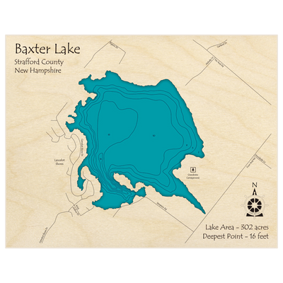 Bathymetric topo map of Baxter Lake with roads, towns and depths noted in blue water