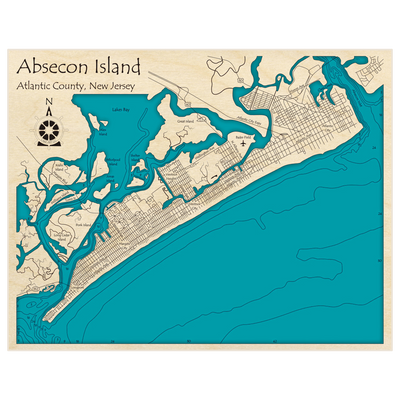Bathymetric topo map of Absecon Island with roads, towns and depths noted in blue water