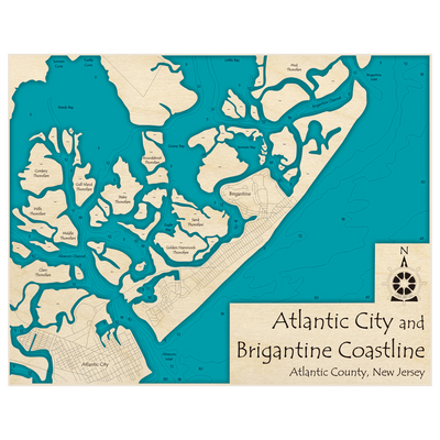 Bathymetric topo map of Atlantic City - Brigantine Coastline with roads, towns and depths noted in blue water